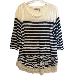 LOGO Lori Goldstein Mixed Stripe & Zebra Print Tunic Womens Large Blue Cream Top